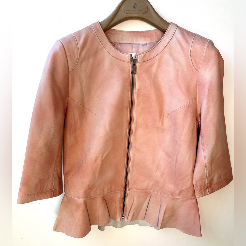 My Tribe Blush Pink Leather Peplum Jacket, 3/4 sleeves, XS